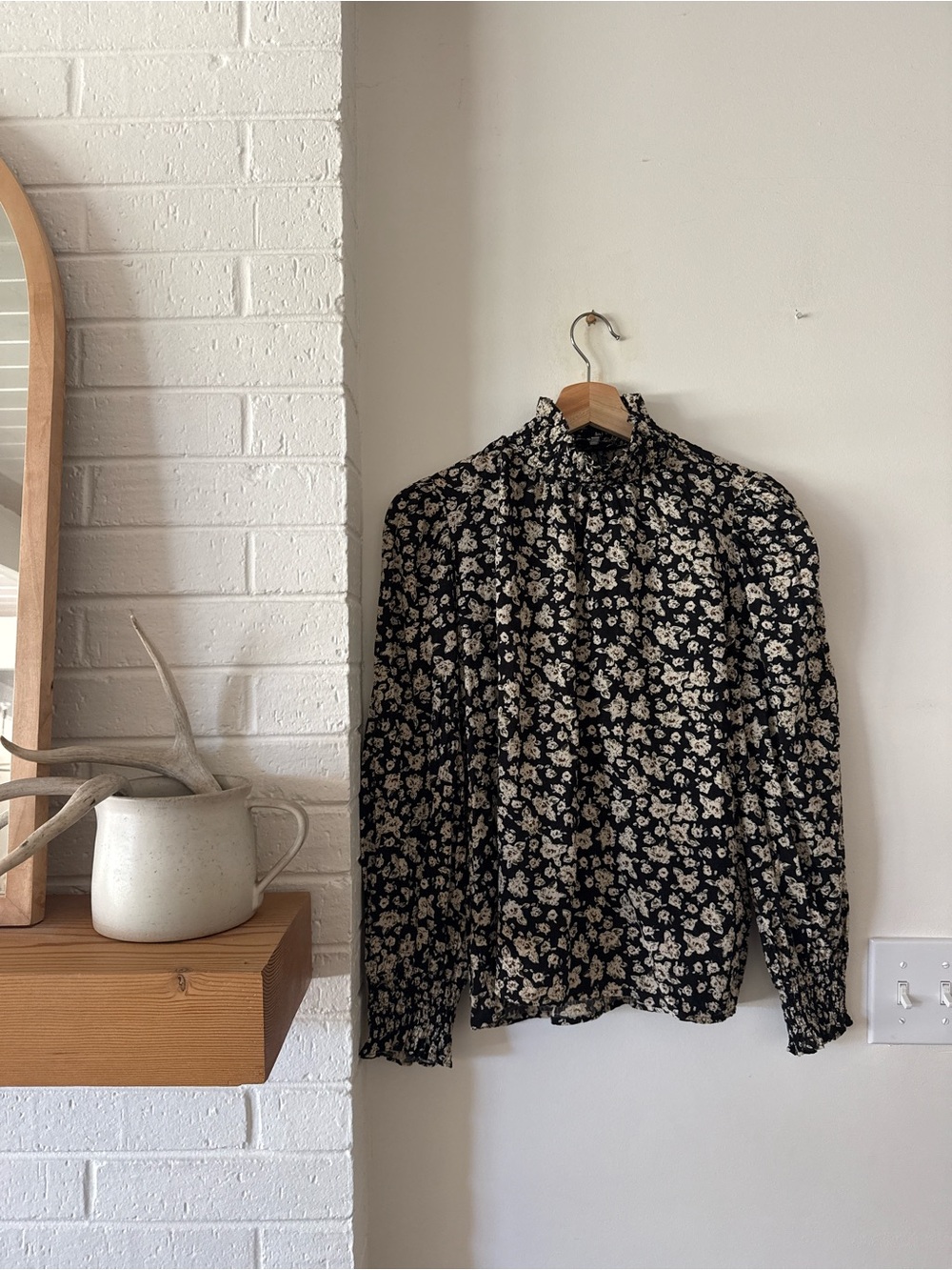 FRNCH Black Floral High-Collar Long Sleeve Shirt